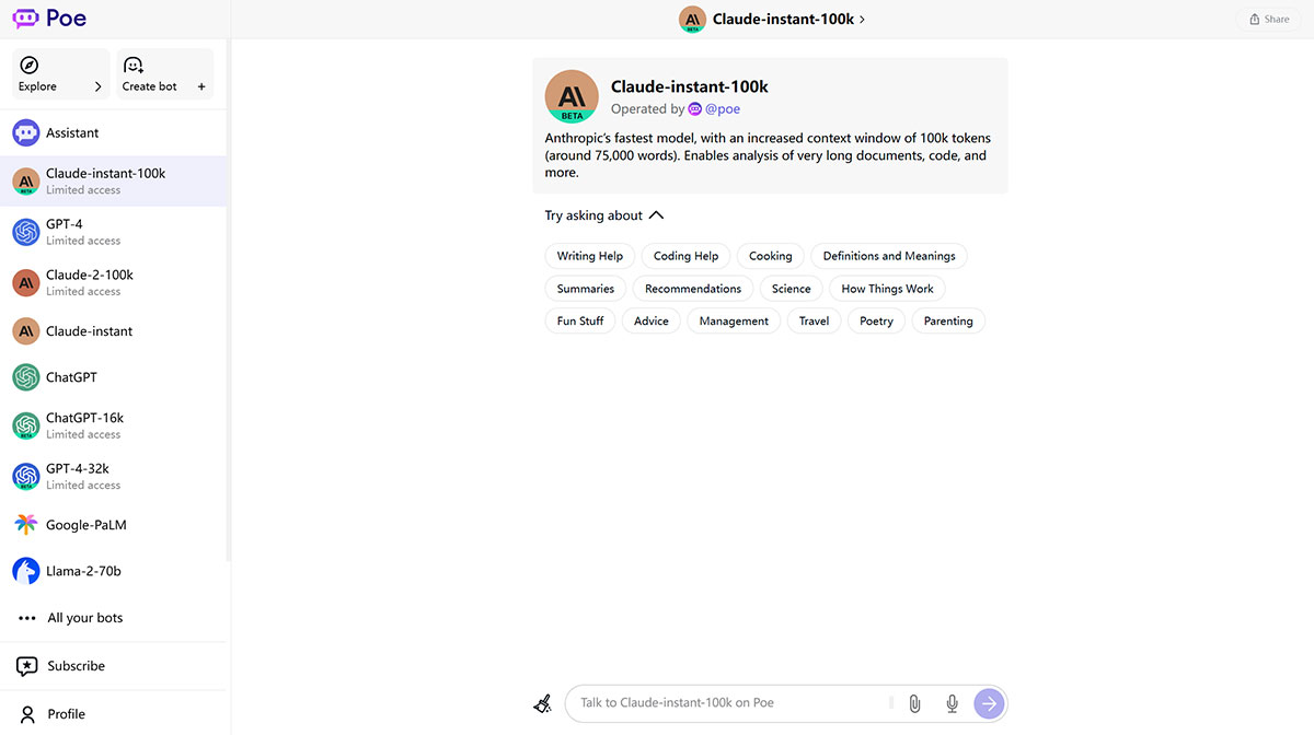 Poe AI(圖1) Claude-instant-100k---Poe---poe.com.jpg