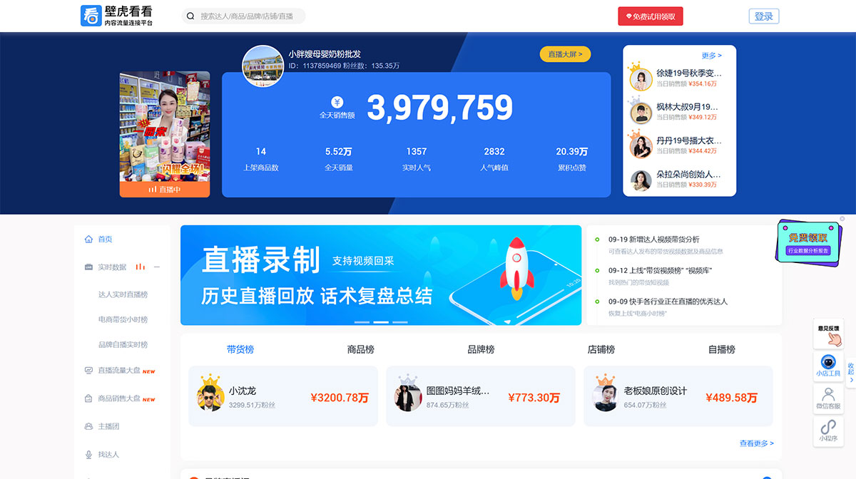 壁?看看-抖音達人排行(圖1) Fir壁虎看看官網---專業(yè)的直播電商工具與數(shù)據(jù)服務平臺---www.bihukankan.jpg